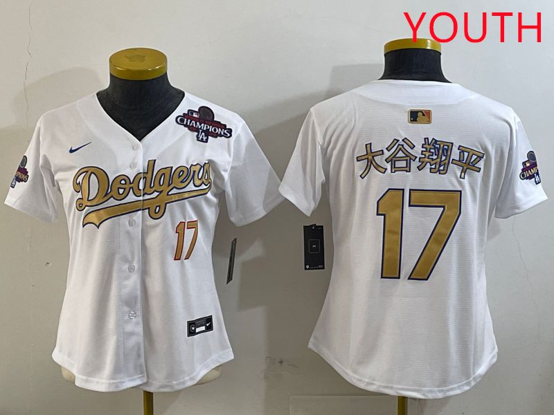 Youth Los Angeles Dodgers 17 Ohtani White Champion gold character 2025 Nike MLB Jersey style 7